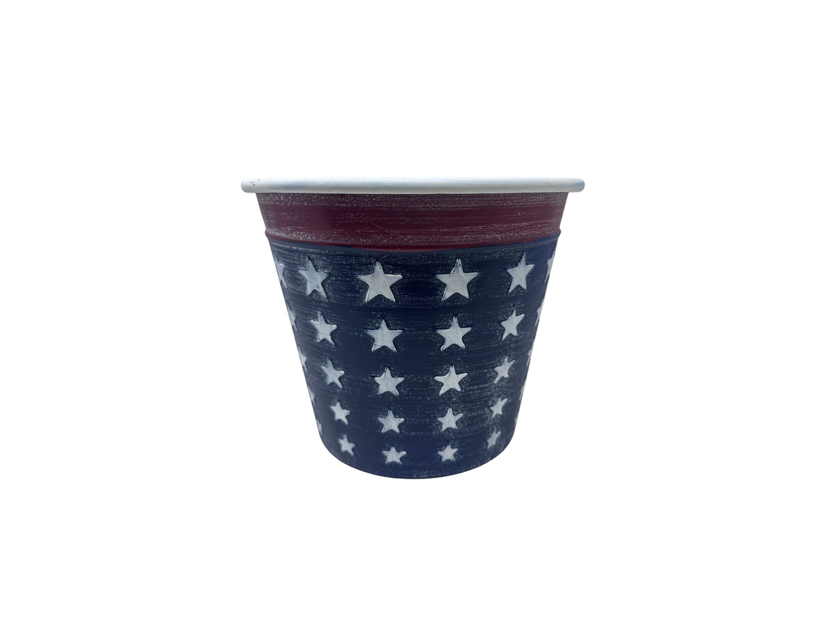 Patriotic star embossed metal container with red, white, and blue American flag design.