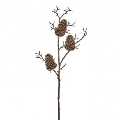 45-inch plastic iced cone spray featuring three brown pine cones on a frosted brown branch.