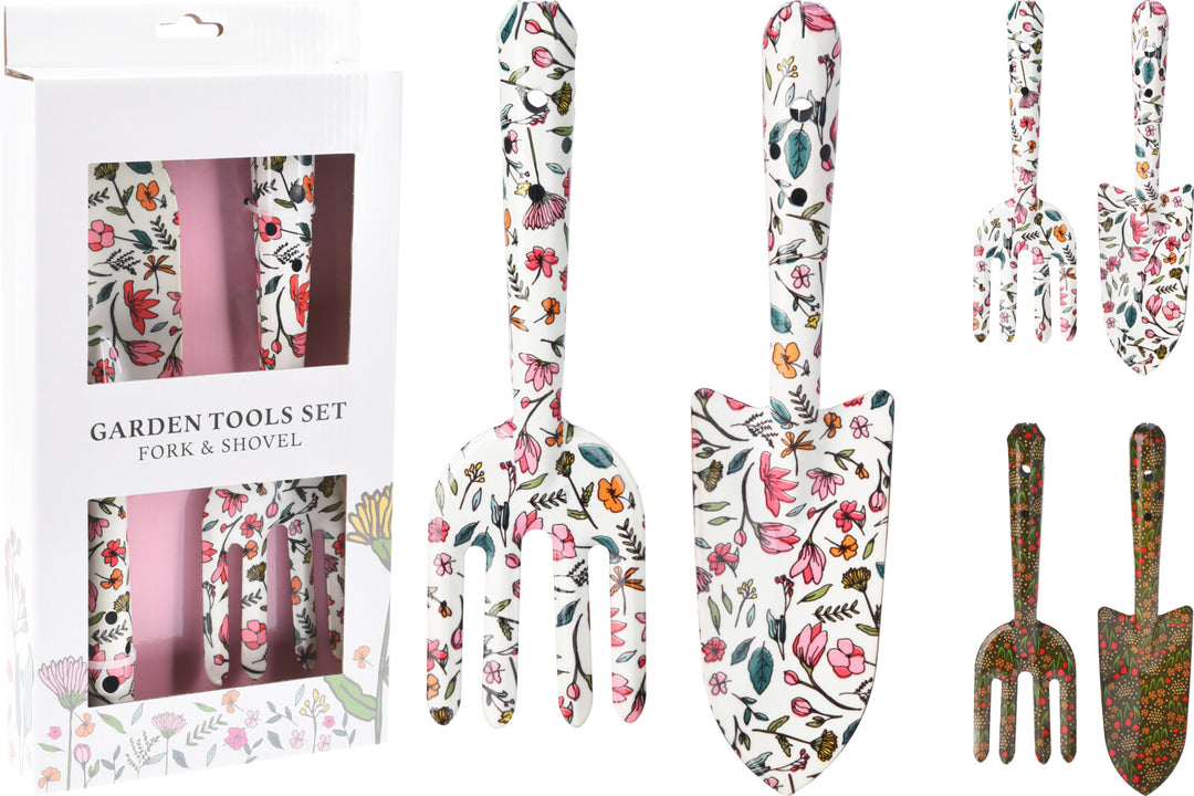 Garden tool set featuring a hand fork and shovel with a white and pink floral pattern.