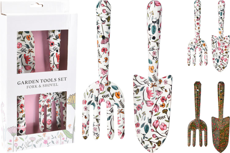 Garden tool set featuring a hand fork and shovel with a white and pink floral pattern.