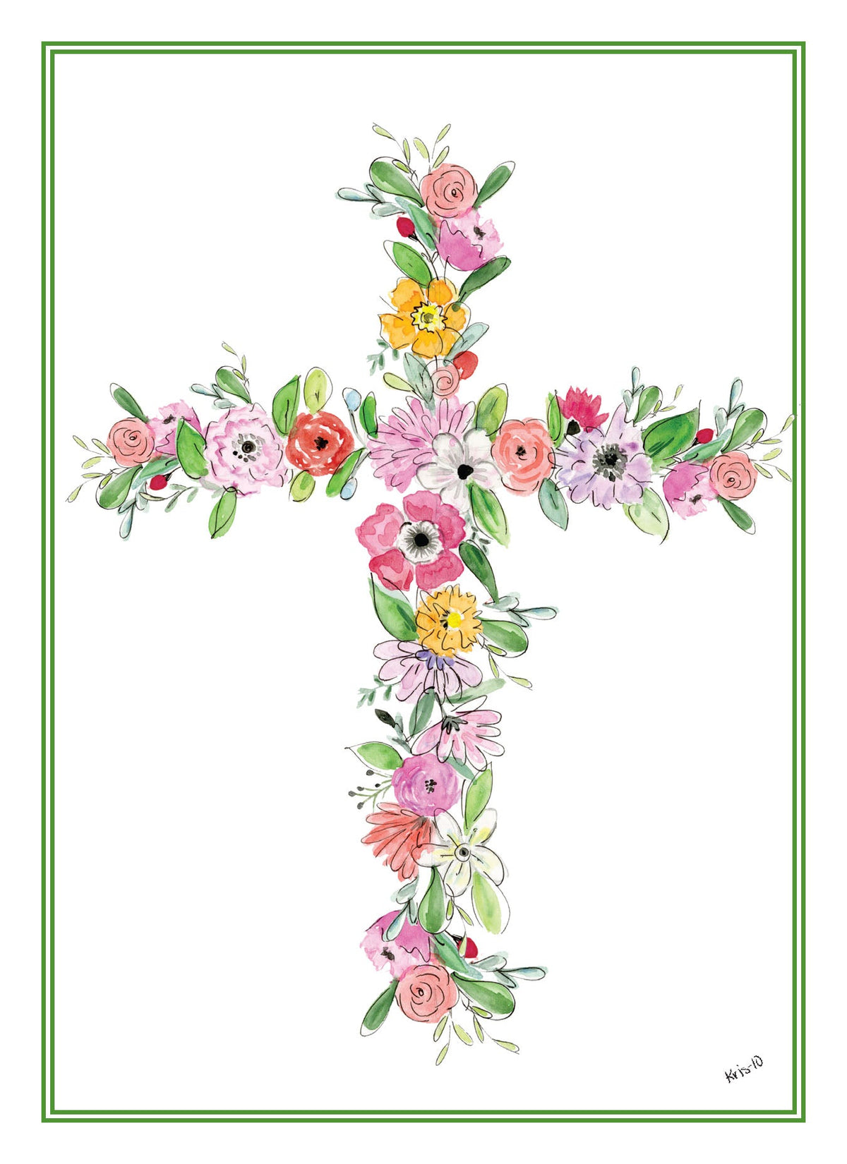 Watercolor floral cross with pink, yellow, and coral flowers and green leaves, framed by a green border.