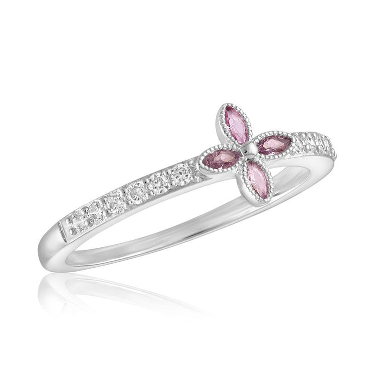CZ Rose Flower Stack Ring with pink marquise stones and clear CZ accents on a silver band.