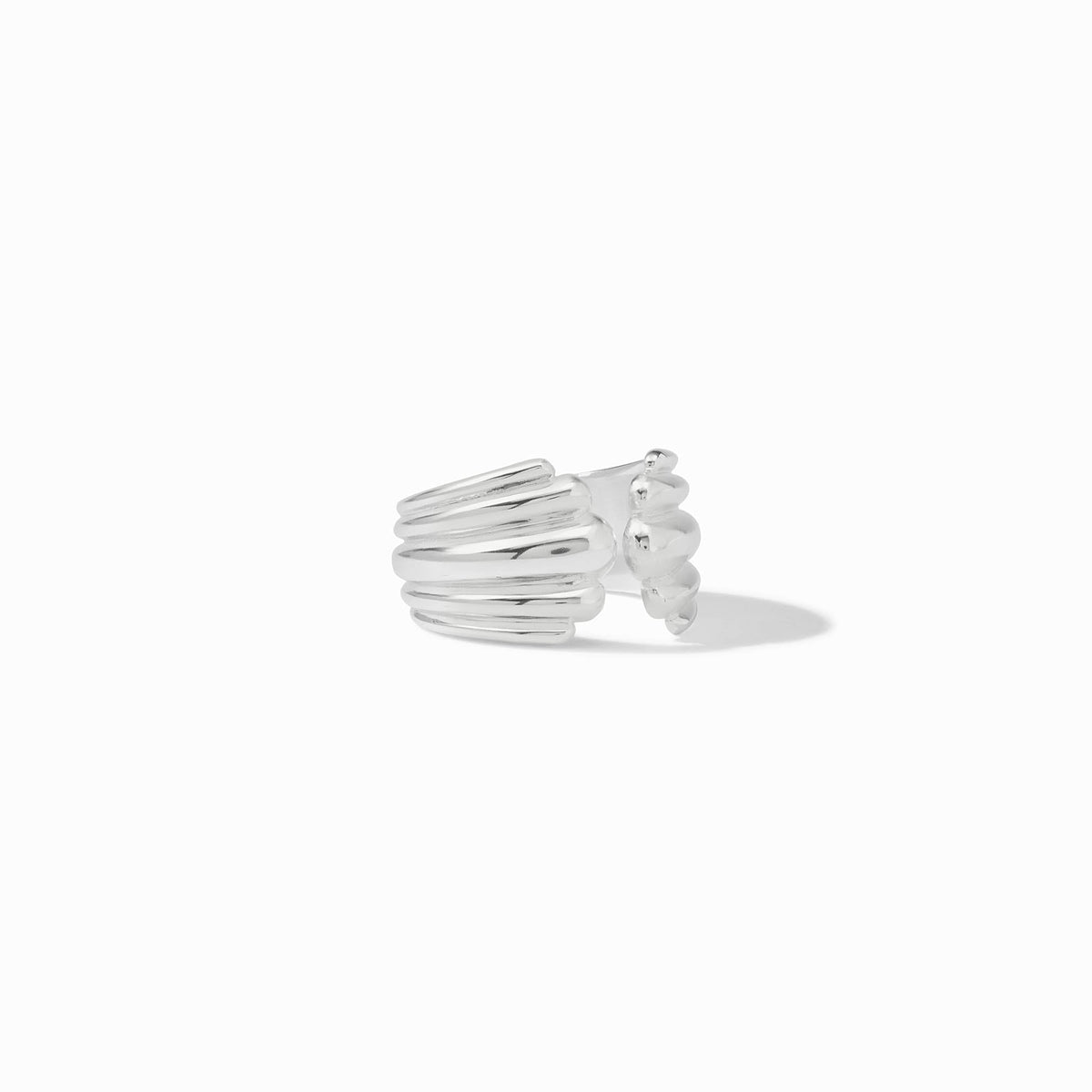 Silver Portofino ring with a ribbed band and a twisted, bulbous end.