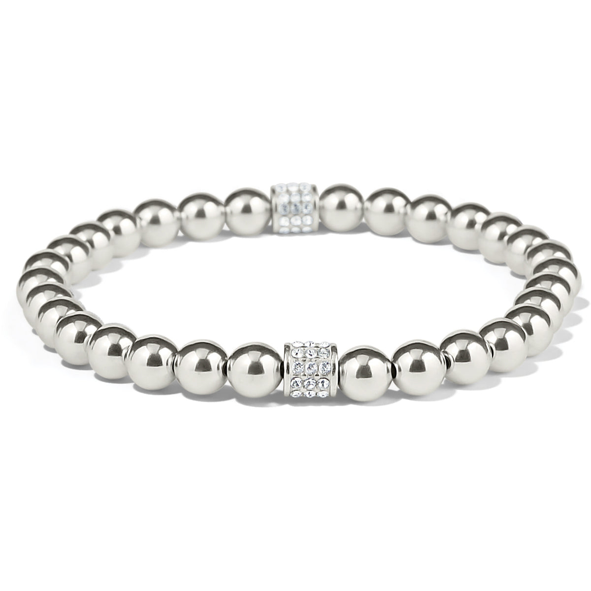 Silver-plated Meridian Petite Stretch Bracelet with polished beads and crystal-encrusted spacers.