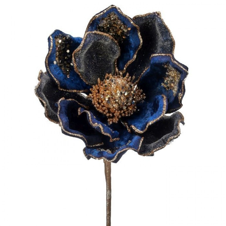 Heavy jeweled navy blue velvet magnolia stem with gold glitter edges and a beaded center.