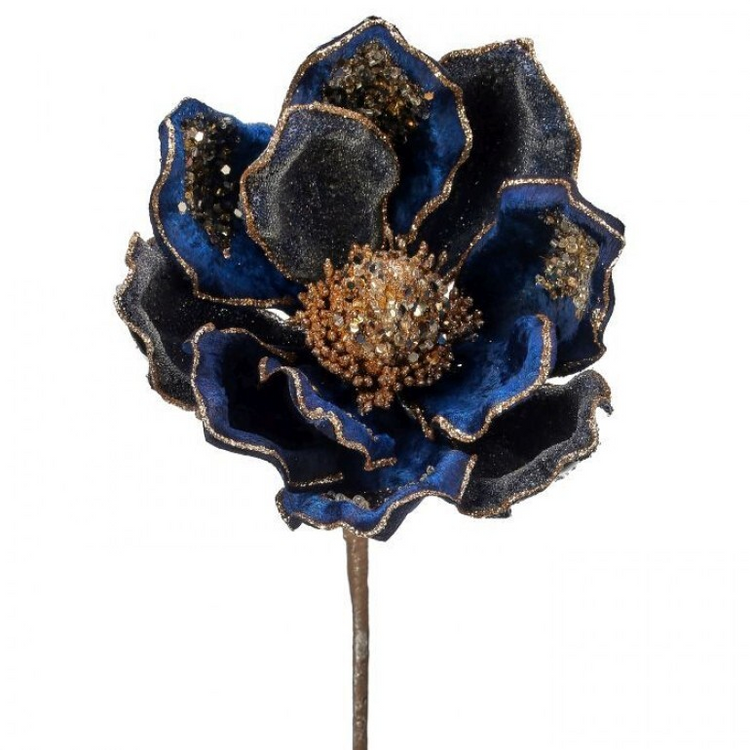 Heavy jeweled navy blue velvet magnolia stem with gold glitter edges and a beaded center.