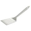 Stainless steel barbeque spatula turner with a slotted head and long handle.
