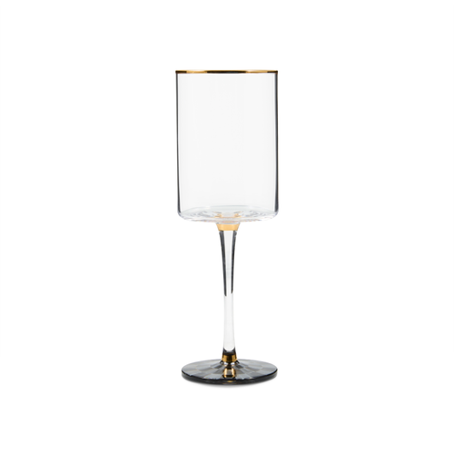 Sophisticheck Wine Glass with a cylindrical bowl, gold rim, and a checkered pattern on the base.