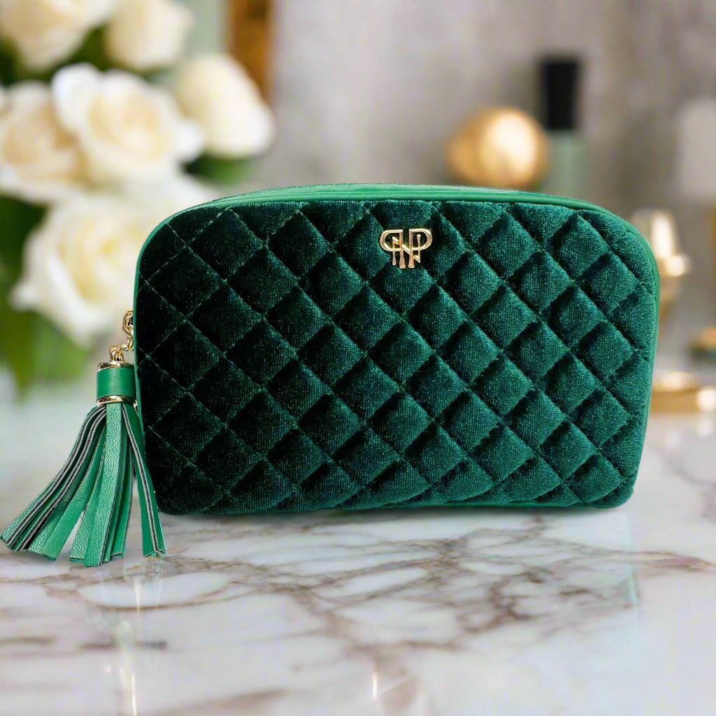 Black velvet Glam Makeup Case with wipeable mirror, two interior pockets, and acrylic glass.