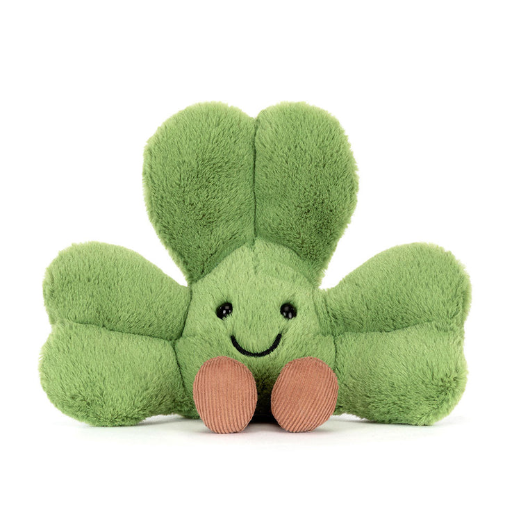 Amuseables Siofra Shamrock plush toy with a green clover body, smiling face, and corduroy feet.