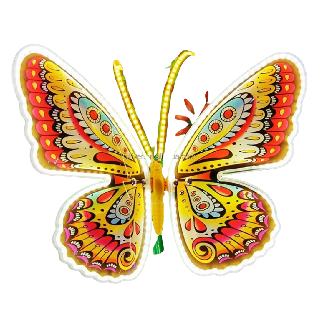 Electric lighted and animated yellow butterfly wall mount with colorful wing patterns.