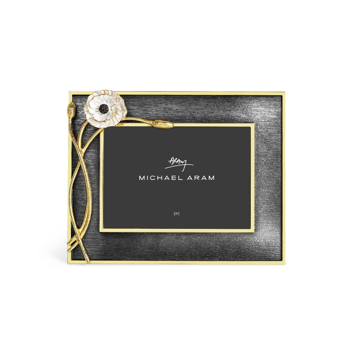 Goldtone oxidized white enamel convertible photo frame with removable back panel.