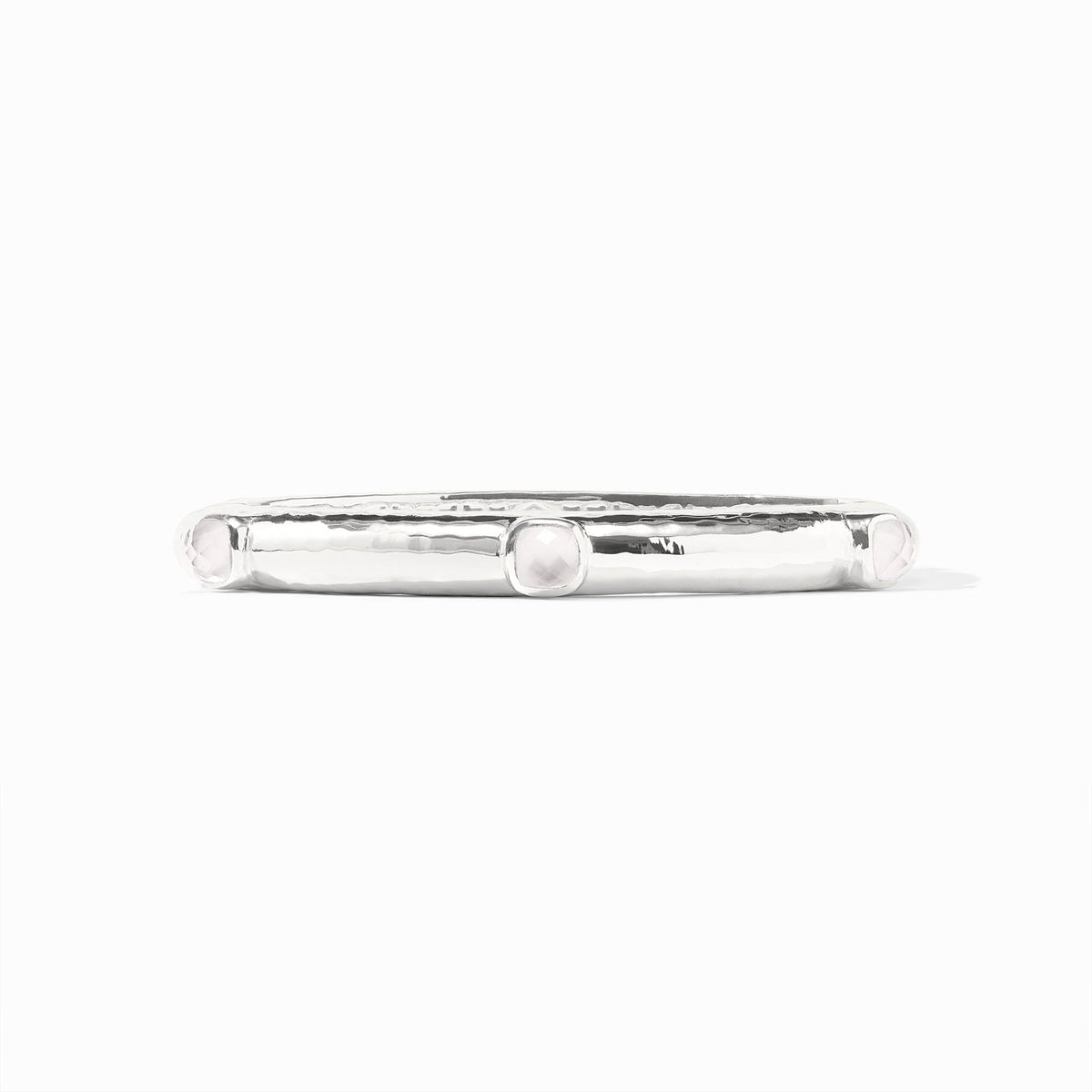 Silver Catalina Stone Hinge Bangle with three round, pale pink glass stones on a hammered band.