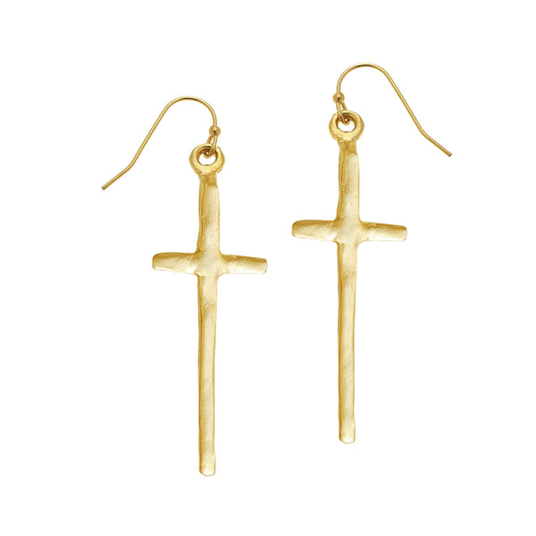 Pair of tall, handmade 24K gold-plated cross earrings with a hammered texture on fishhook wires.