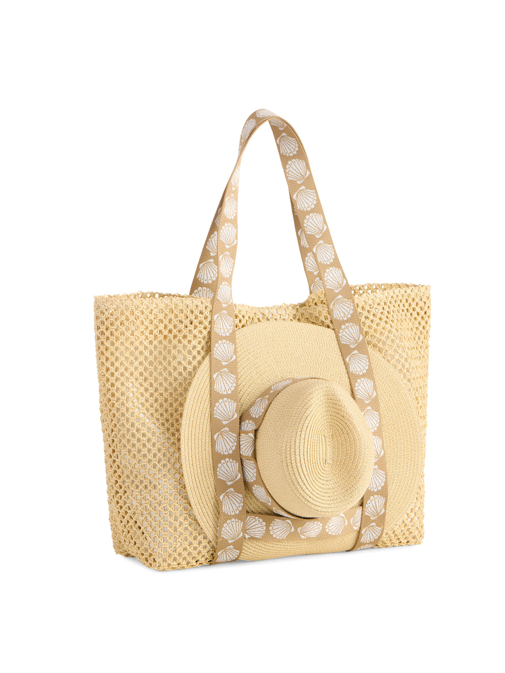 Tan paper straw tote with shell-print straps holding a matching adjustable hat
