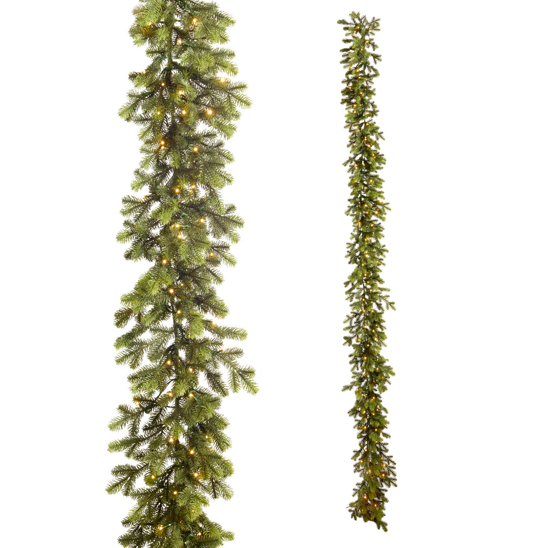 9' Pre-Lit Douglas Fir Garland with warm white lights, shown in full and close-up views.