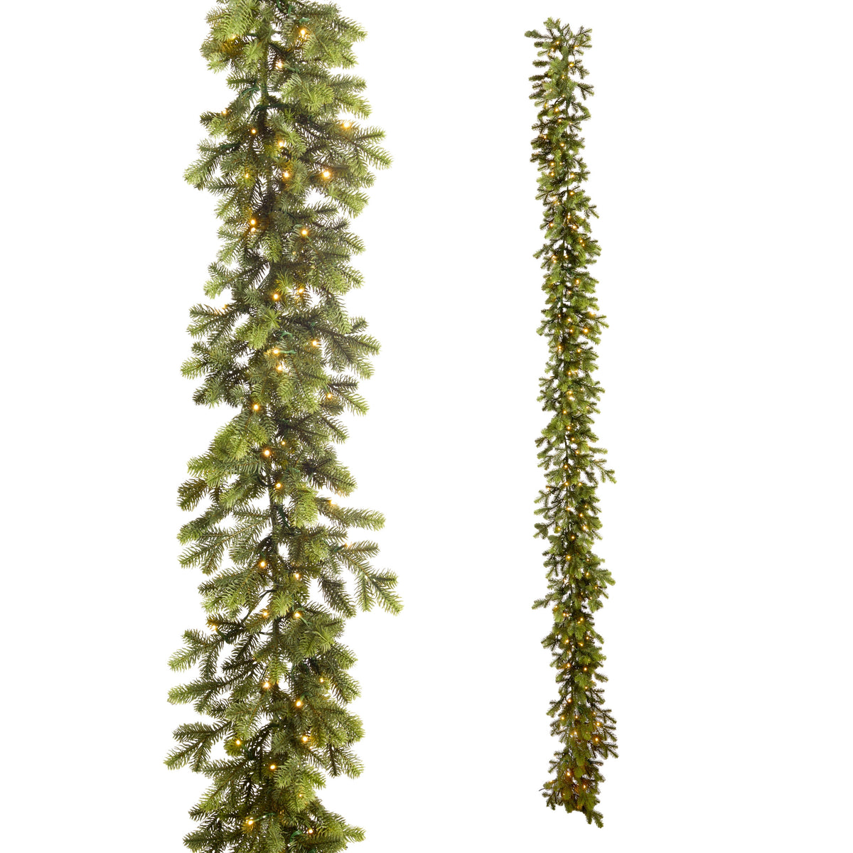 9' Pre-Lit Douglas Fir Garland with warm white lights, shown in full and close-up views.