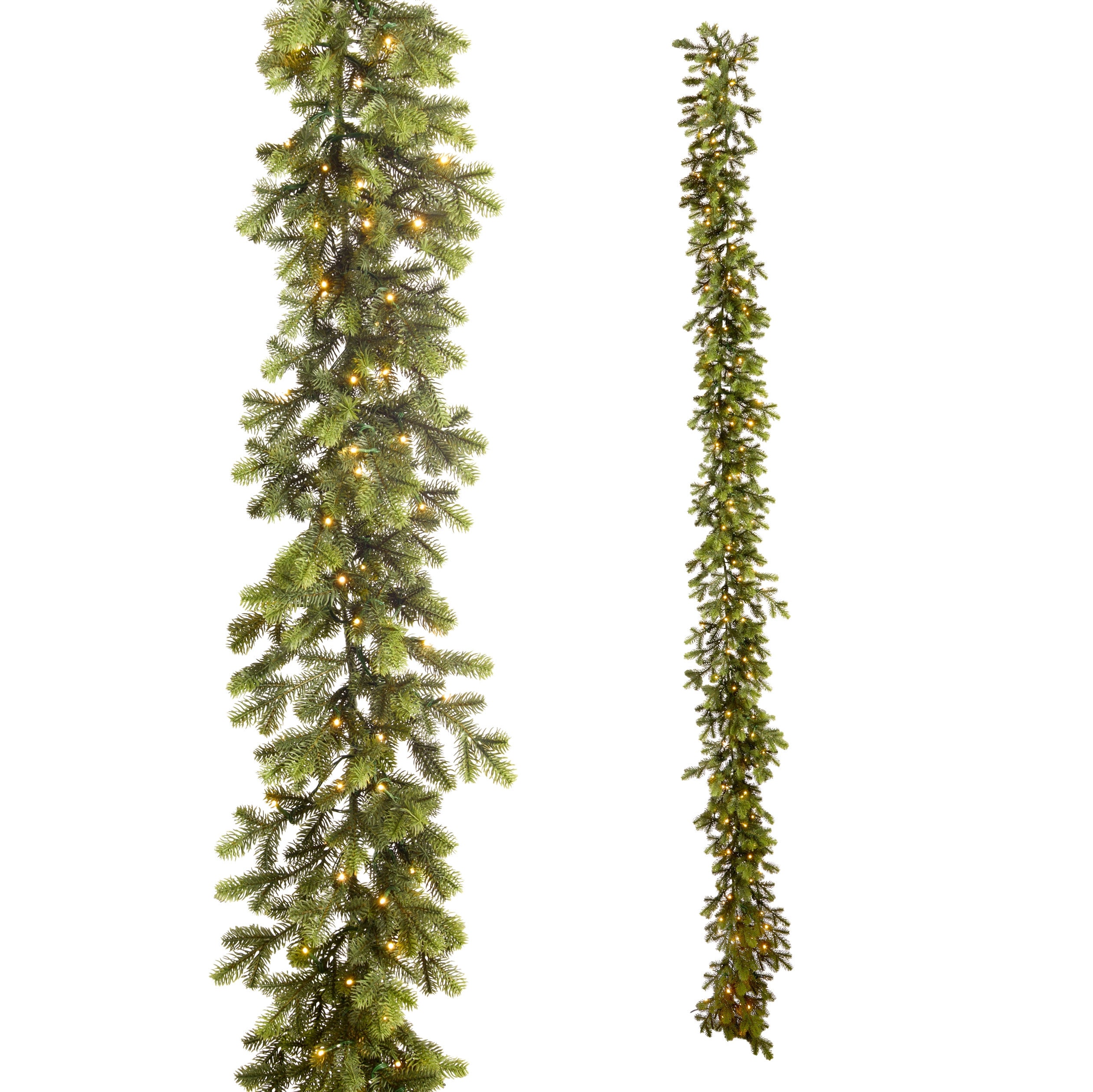 9' Pre-Lit Douglas Fir Garland with warm white lights, shown in full and close-up views.