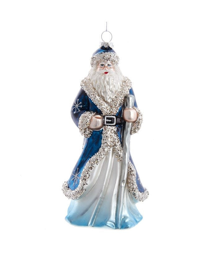Glass blue Santa figurine with silver glitter snowflakes on dark robe and hat holding a staff