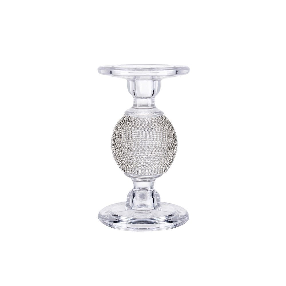 Clear glass candleholder with a cylindrical shape measuring 4.5 inches in diameter and 8 inches tall.