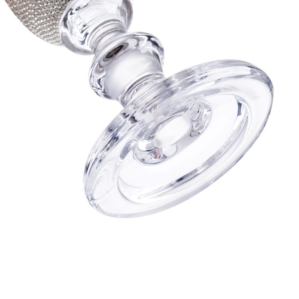 Clear glass candleholder with a cylindrical shape measuring 4.5 inches in diameter and 8 inches tall.
