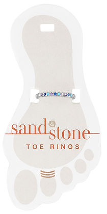 Sand & Stone silver-tone toe ring with multi-colored pastel stones on a foot-shaped card.