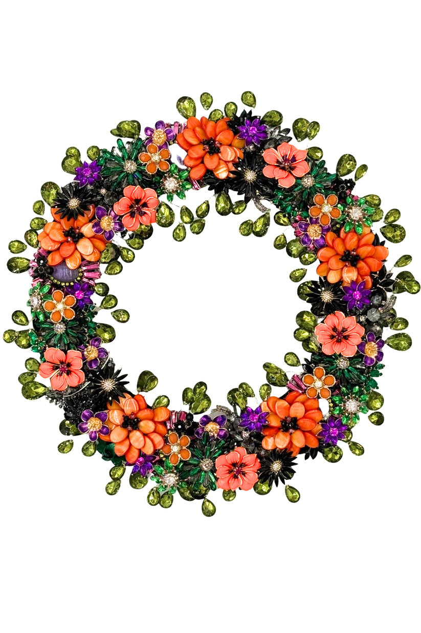 12-inch mystical garden wreath featuring orange, pink, and purple jeweled flowers with green leaves.
