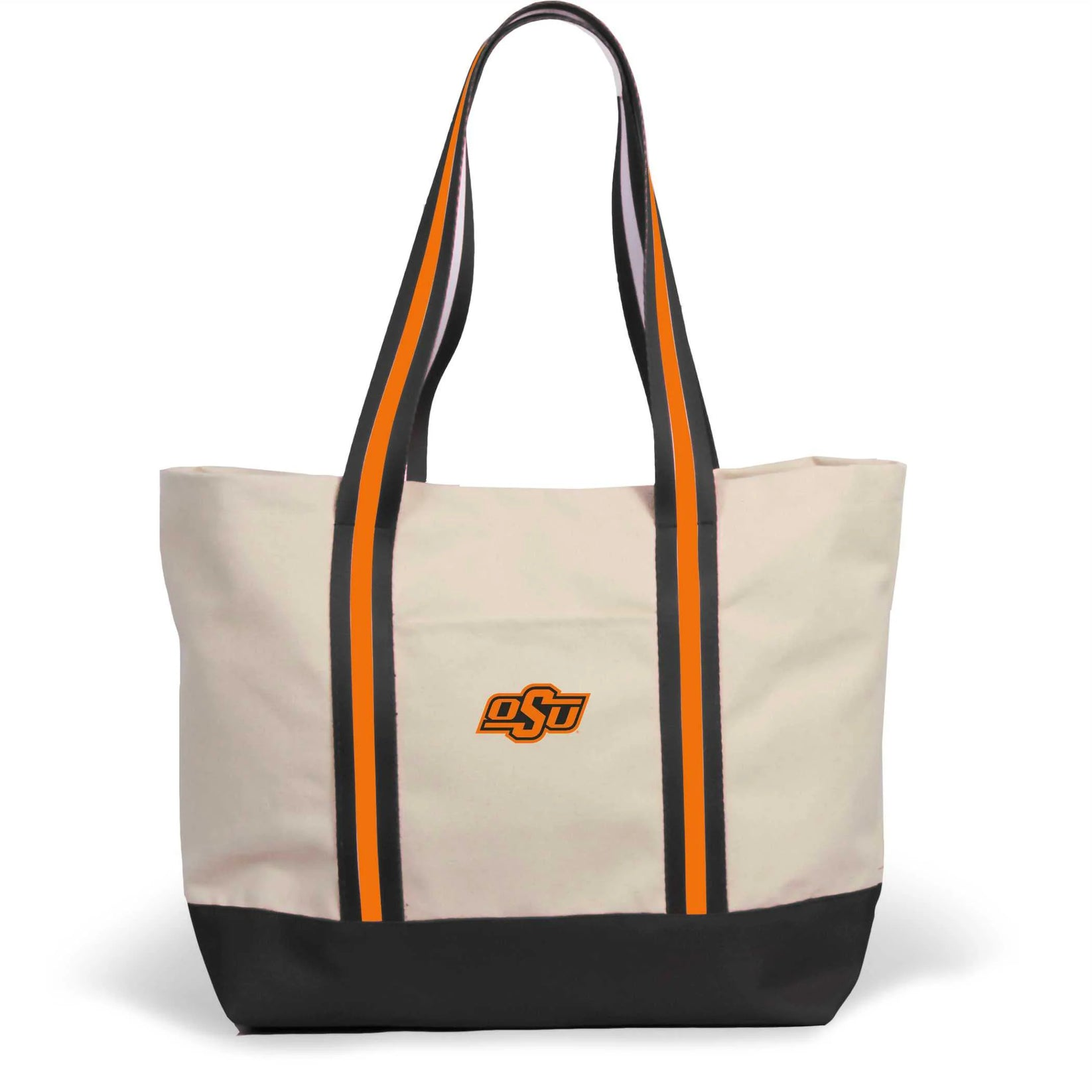Cream canvas tote bag with black base, orange and black striped straps, and Oklahoma State logo.