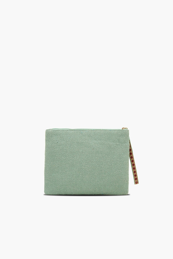 Back view of a mint green durrie fabric Mahjong Luxe clutch with a patterned wrist strap.
