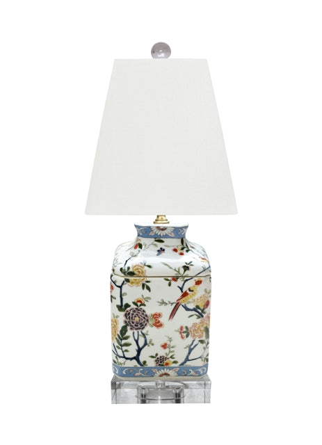 Porcelain French box lamp with crystal base, square drum shade in eggshell finish.