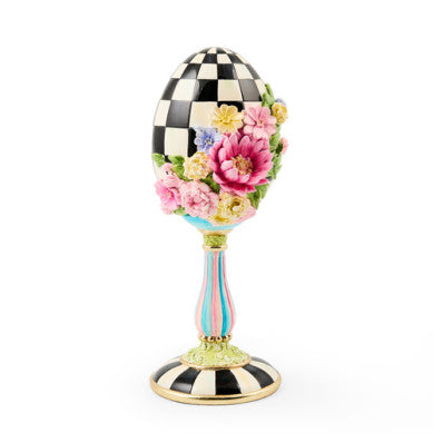 Resin pedestal egg with frolic spring floral pattern in pastel colors.