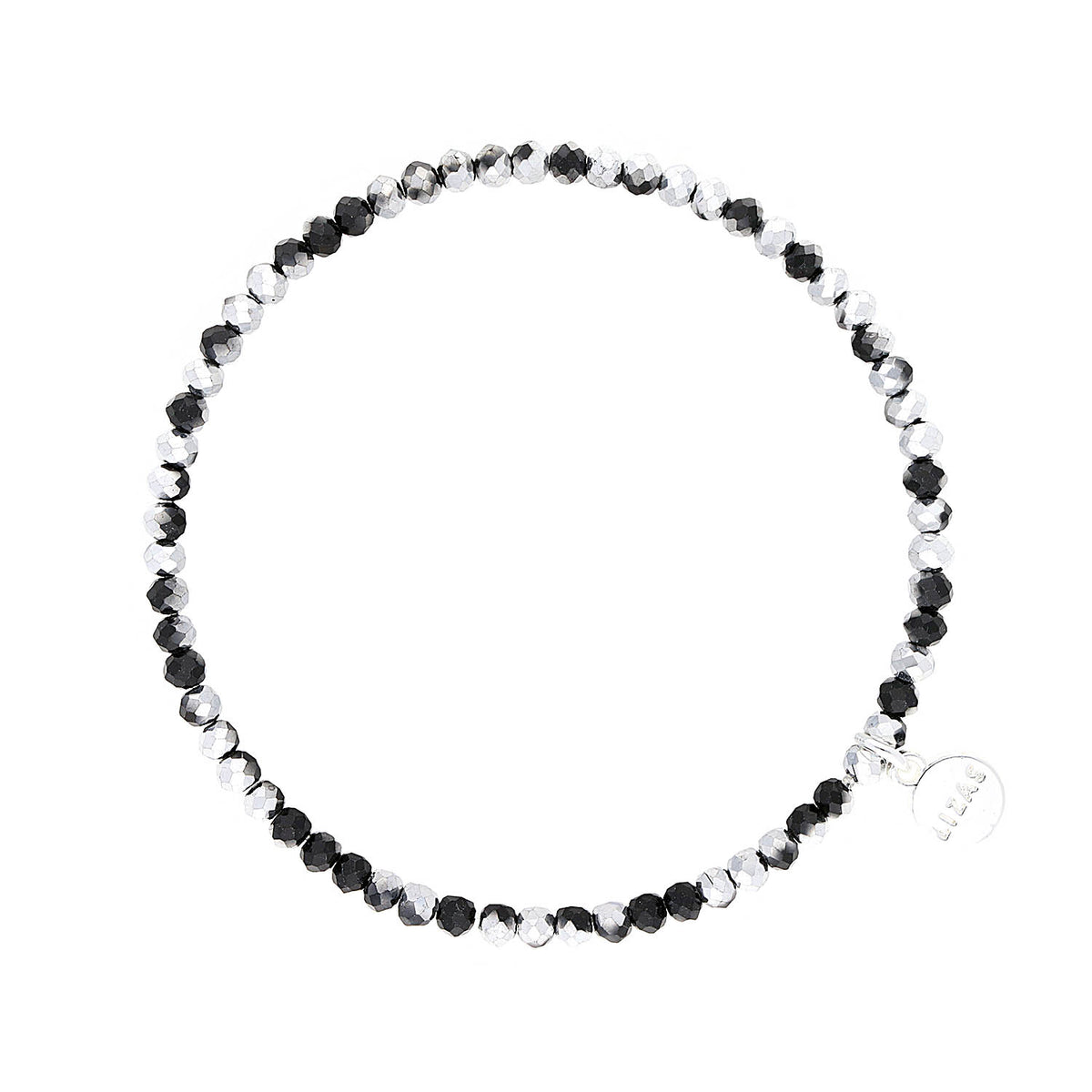 Stretchy beaded bracelet with faceted glass beads in a colorful pattern.