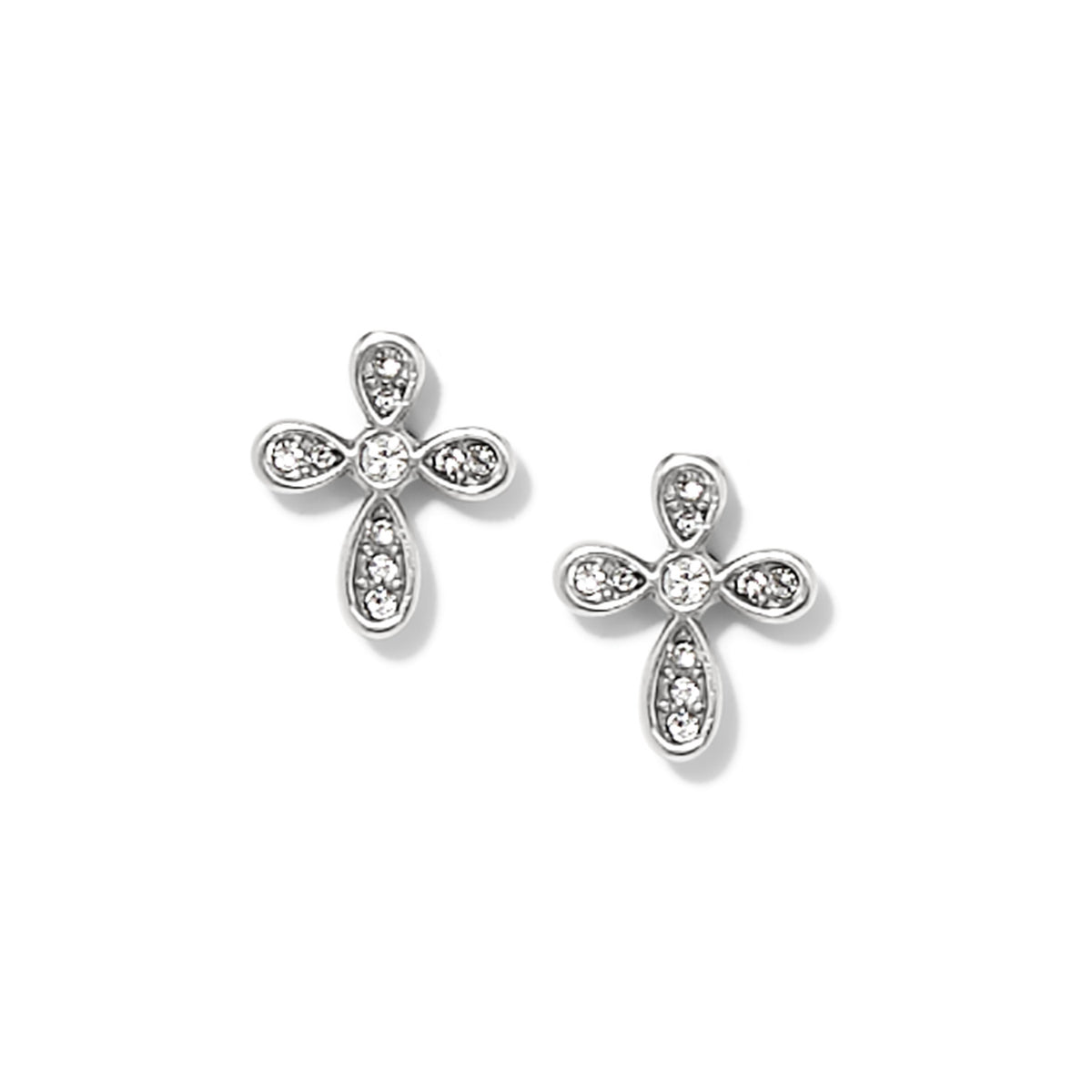 Enchanting Cross Silver Post Earrings with hand-set crystals in a floral cross design.