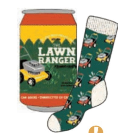 Men's crew socks in blue cotton blend with a beer can print pattern.