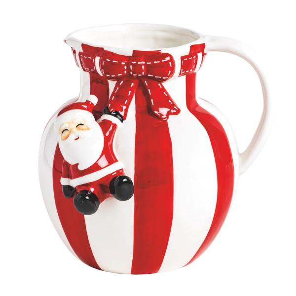 Ceramic Santa Bow Stripe Pitcher with red and white stripes and a 3D Santa figure.