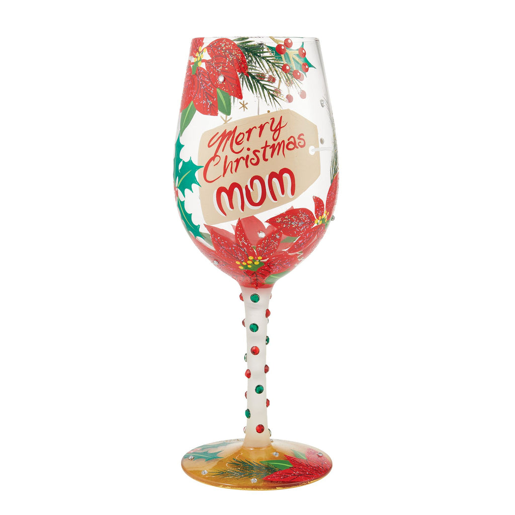 Blown glass wine glass with hand-painted designs, glitter accents, and a cocktail recipe printed on the base.