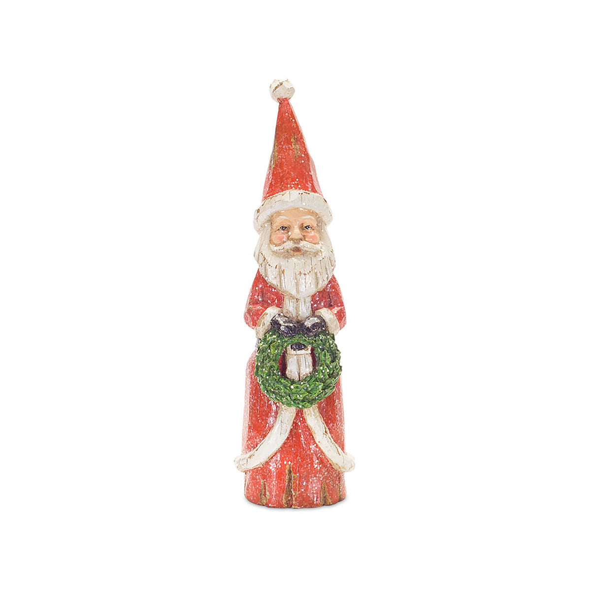 Vintage-style resin Santa figurine in a red coat holding a green wreath, 8.5 inches tall.