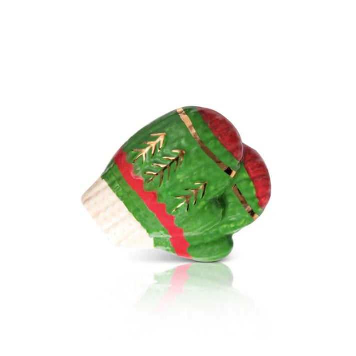 Green and red ceramic mitten figurine with gold tree accents and a white ribbed cuff.