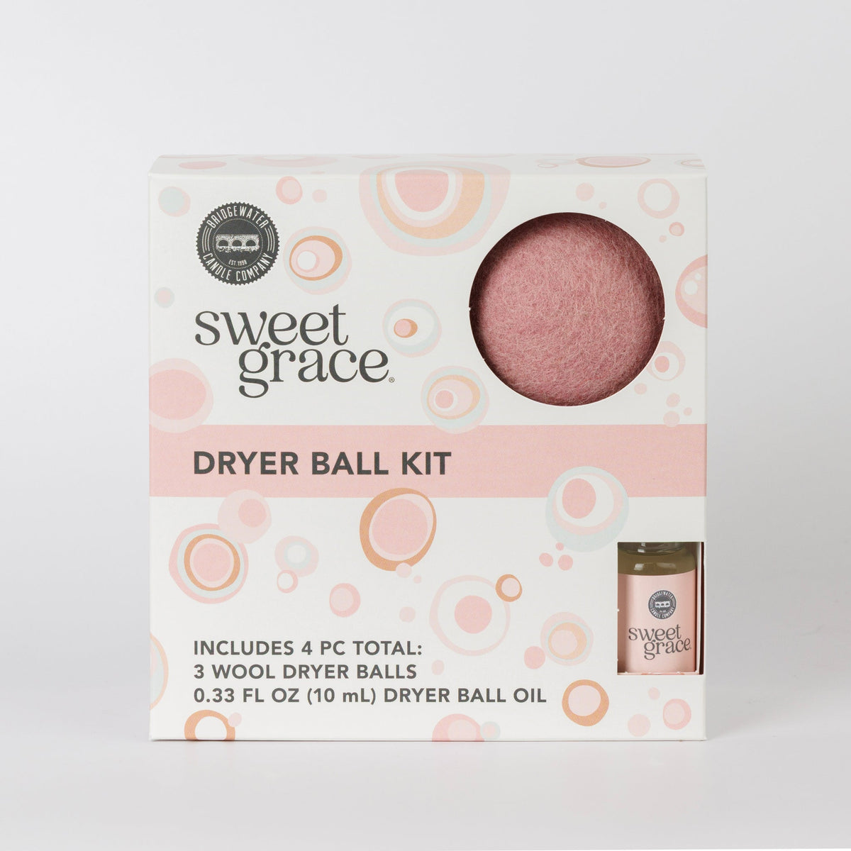 Sweet Grace Dryer Ball Kit featuring three wool dryer balls and a 0.33 fl oz bottle of fragrance oil.