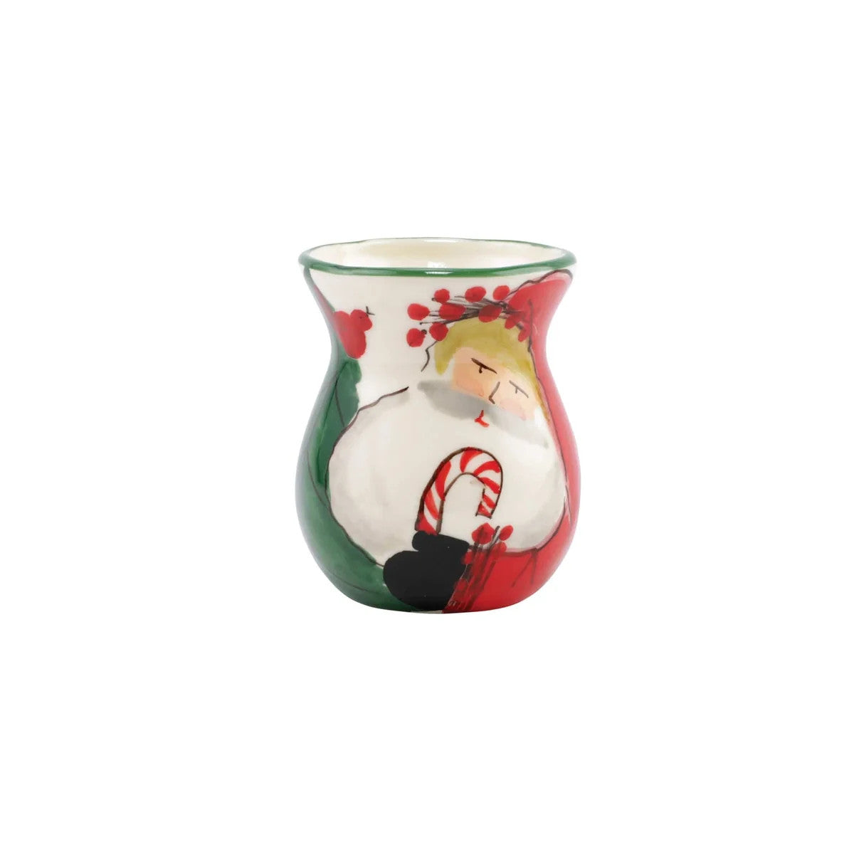 Hand-painted Old St. Nick Bud Vase featuring a whimsical Santa Claus holding a candy cane.