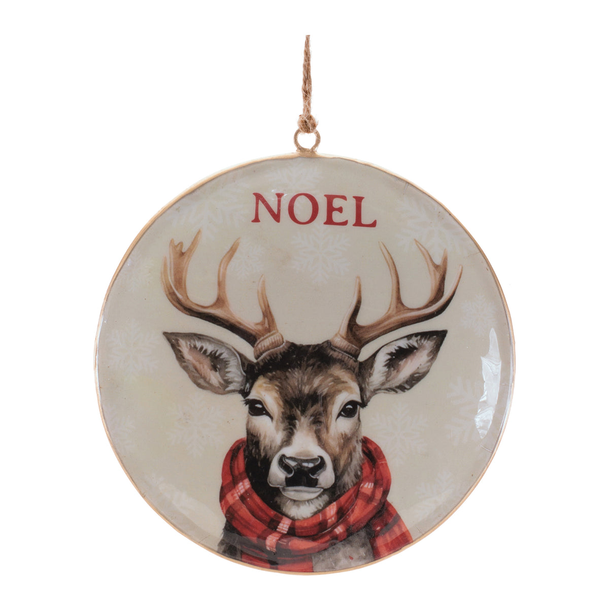 Metal deer disc ornament measuring 5.5 inches with iron finish