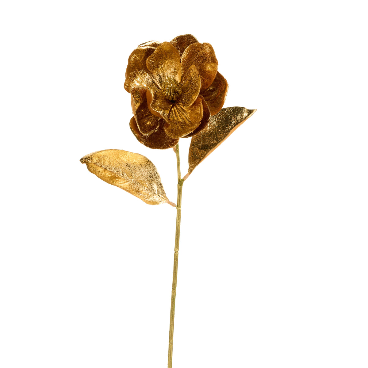 30 inch gold magnolia stem with a metallic finish flower and two leaves on a long stem.