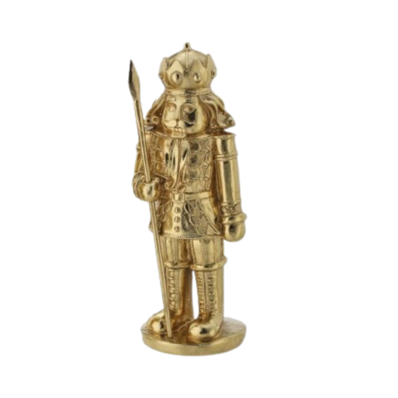 12-inch gold resin royal court nutcracker figurine holding a spear on a circular base.