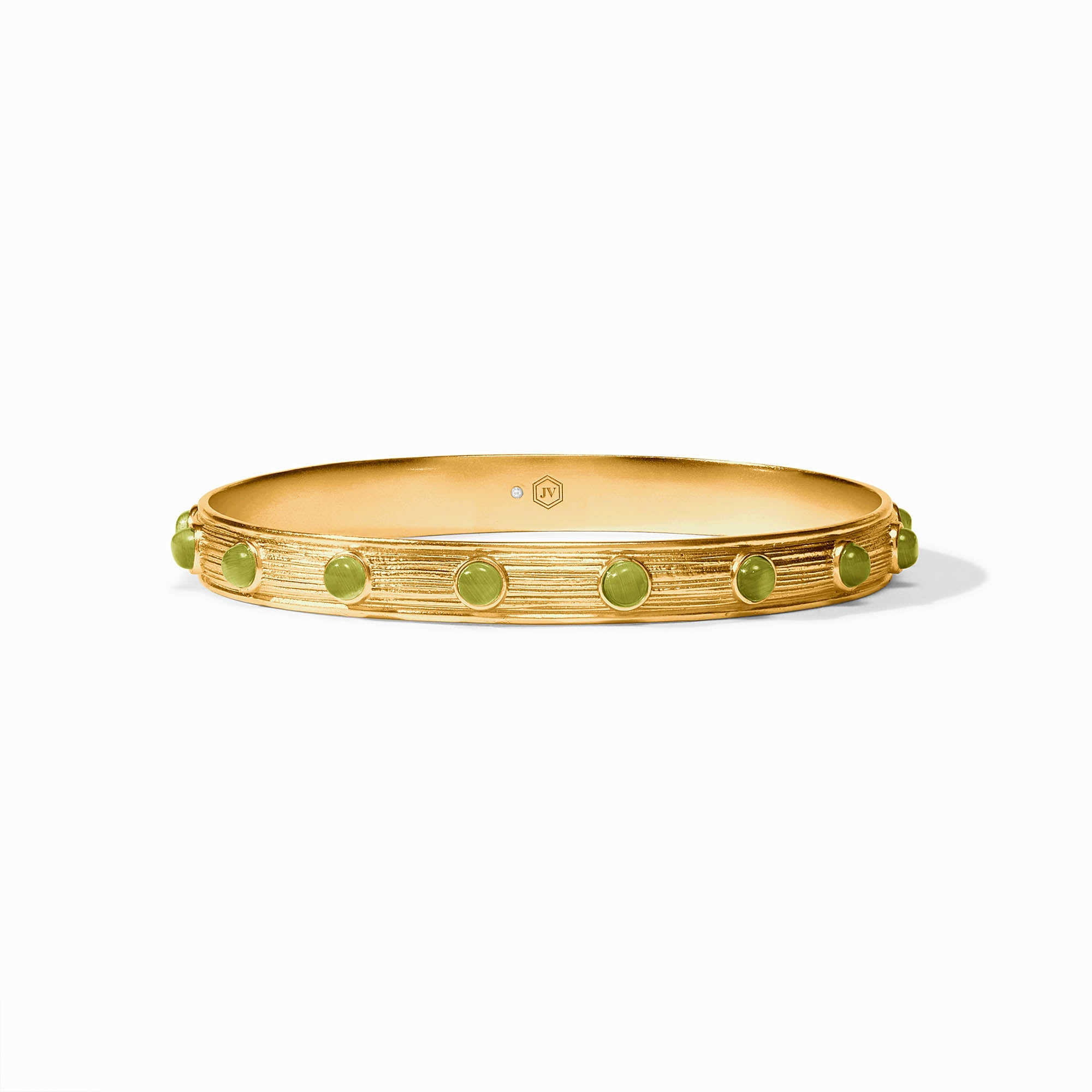 Gold-plated Cobblestone Stone Bangle with green glass cabochons and a textured finish.