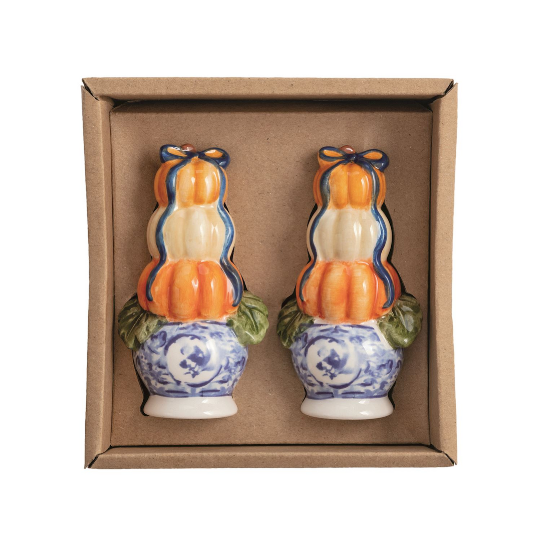 Pumpkin Topiary Salt & Pepper Shaker Set in a brown gift box.