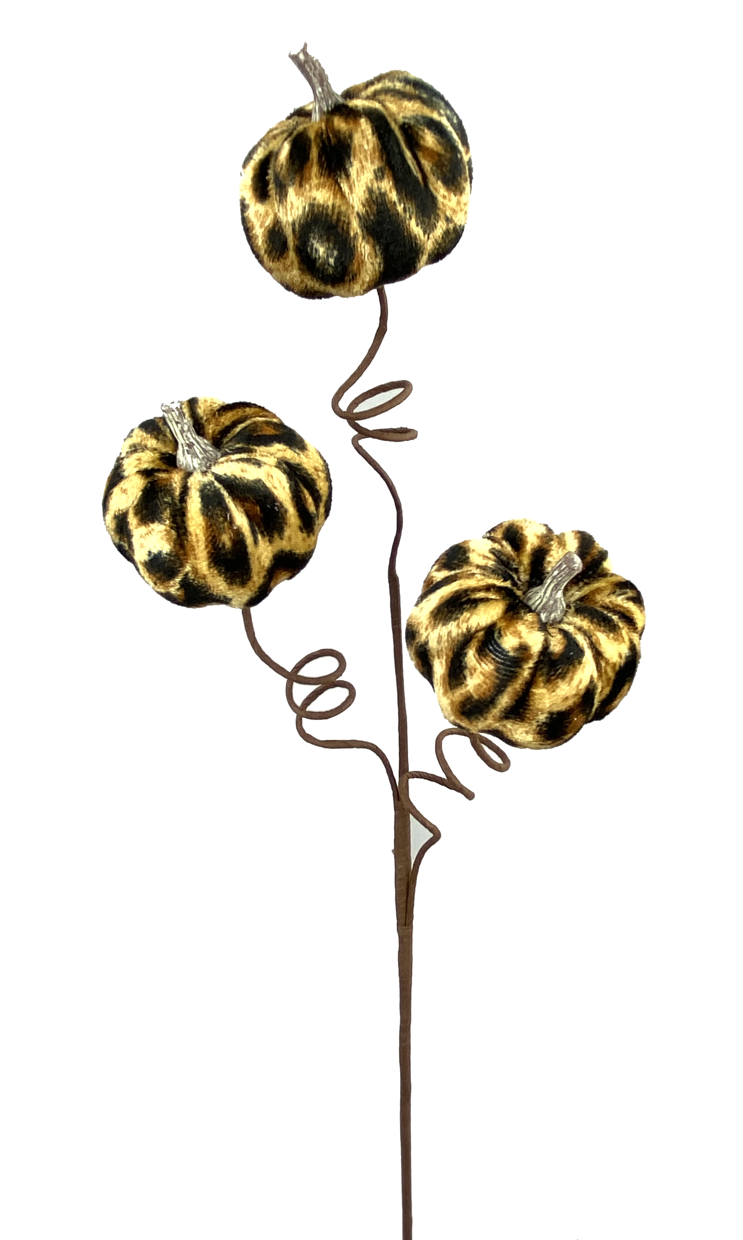 Fabric cheetah print pumpkin pick with three small pumpkins on a brown wire stem.