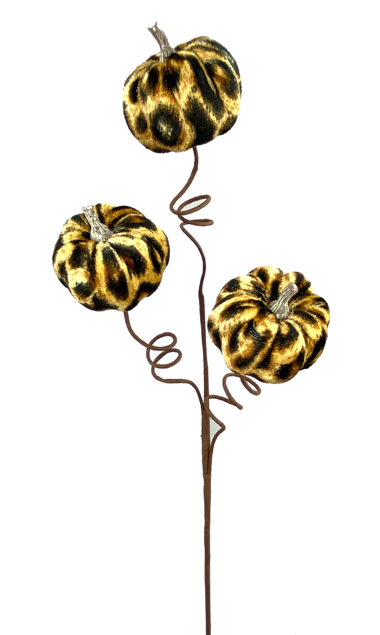Fabric cheetah print pumpkin pick with three small pumpkins on a brown wire stem.