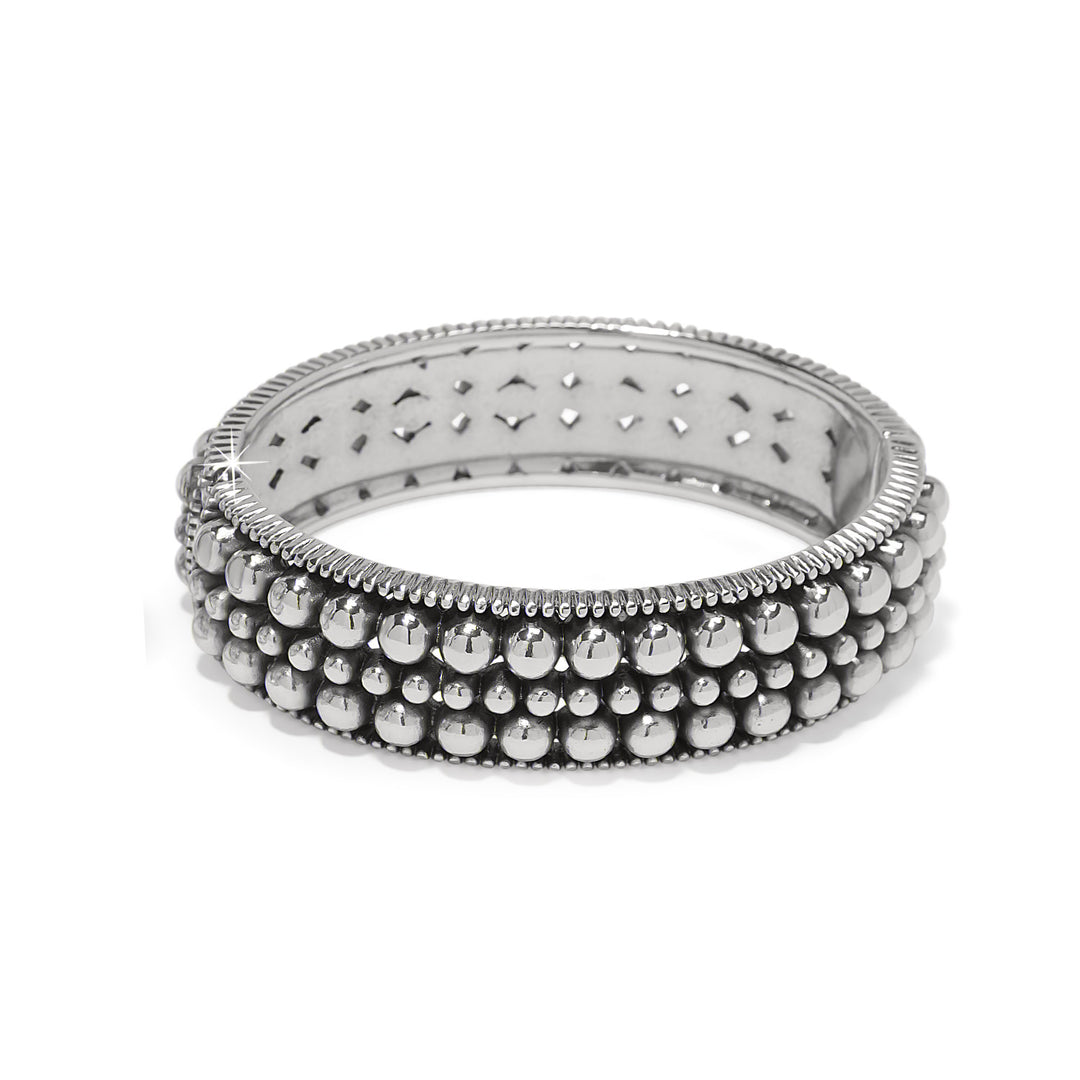 Silver plated Pretty Tough Pierced Hinge Bangle with three rows of beaded details.