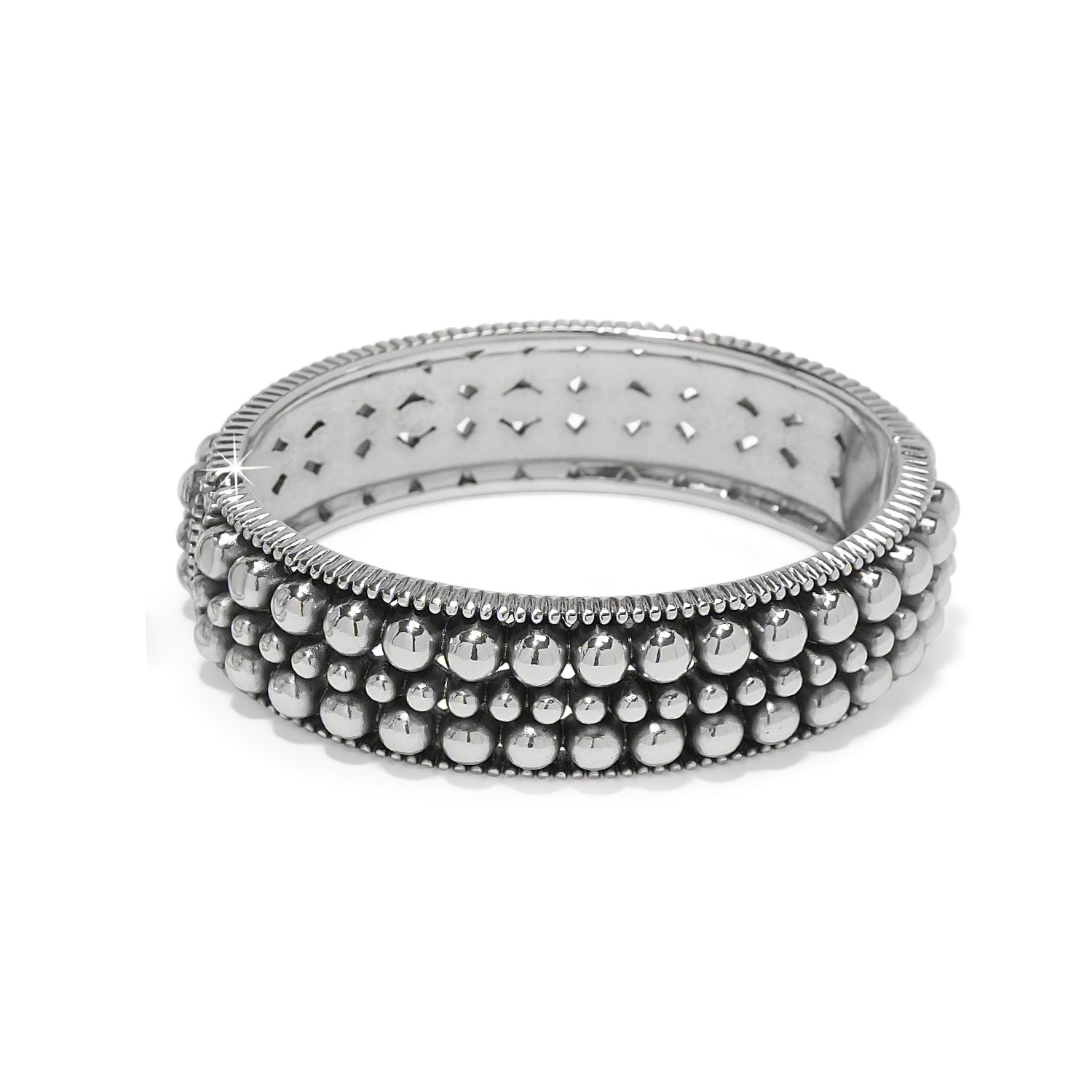 Silver plated Pretty Tough Pierced Hinge Bangle with three rows of beaded details.