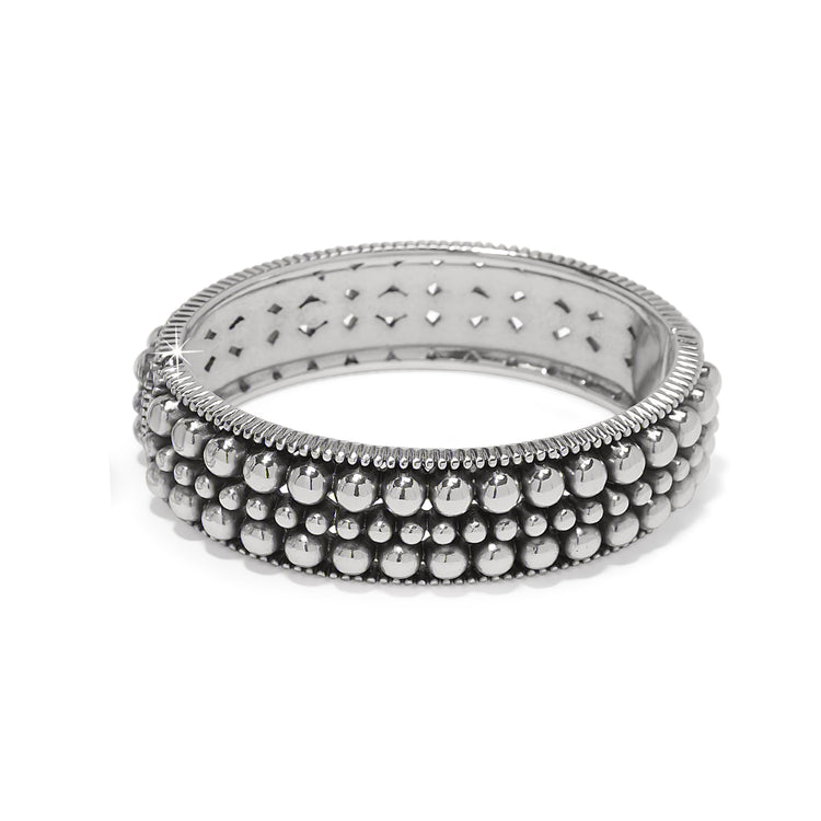 Silver plated Pretty Tough Pierced Hinge Bangle with three rows of beaded details.